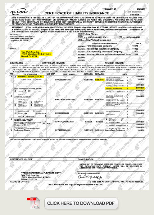 Our general liability insurance allows us to operate as a Orlando tree removal and tree care service while providing you peace of mind.